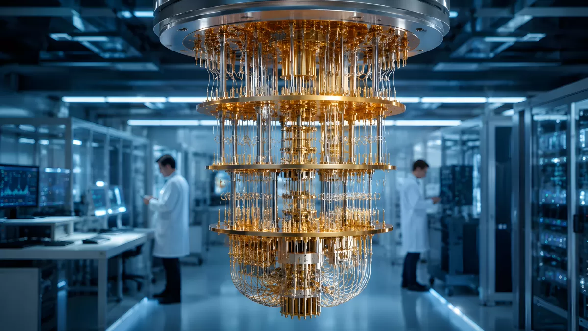 Quantencomputer im Labor mit goldenen Kühlstufen