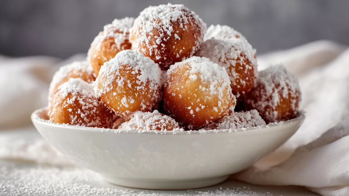 Quarkbällchen mit Puderzucker in weißer Schale