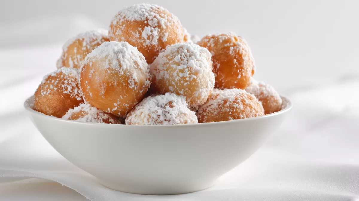 Quarkbällchen mit Puderzucker in weißer Schüssel