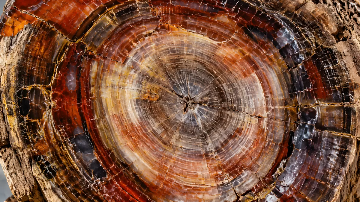 Querschnitt eines versteinerten Holzstamms in Nahaufnahme