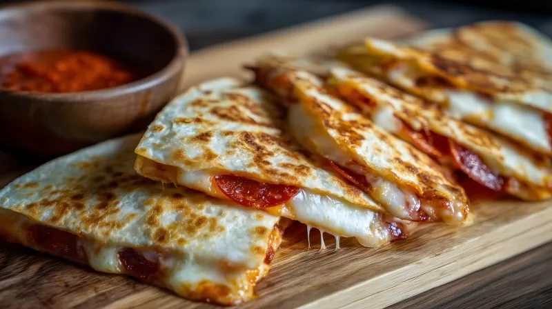 Quesadillas mit Salami Käsefüllung und Tomatendip angerichtet