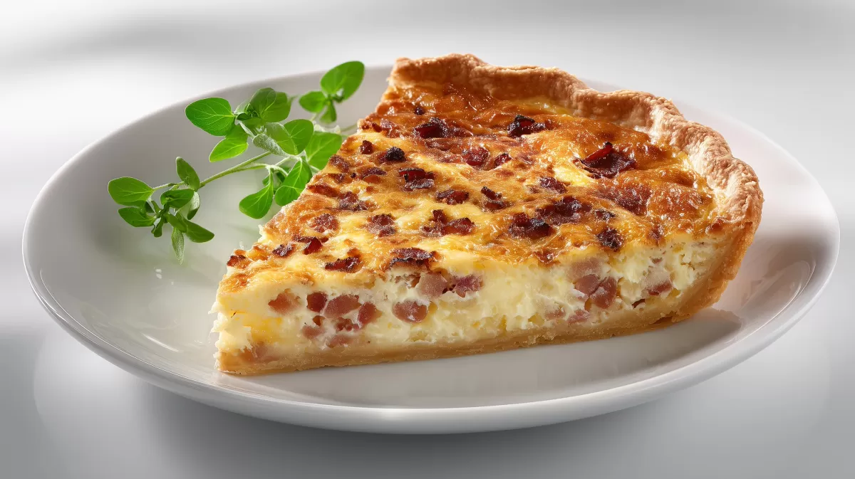 Quiche Lorraine – goldbrauner Stück auf weißem Teller