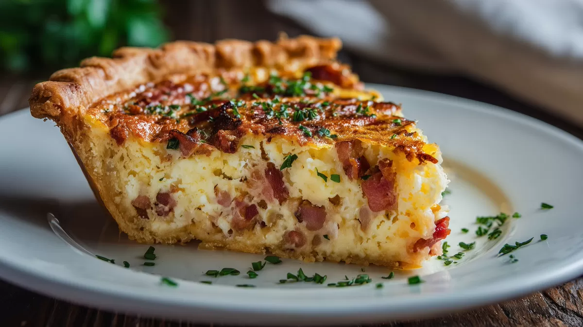 Quiche Lorraine Stück mit Speck auf weißem Teller