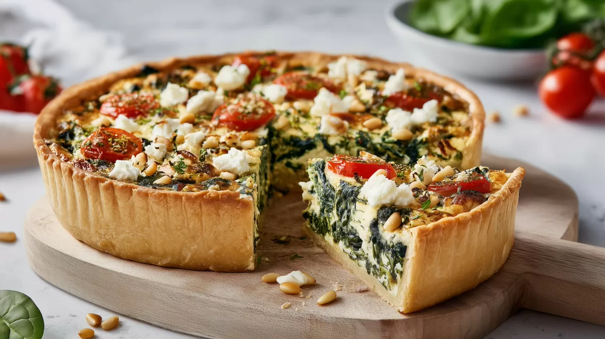 Quiche mit Spinat Feta Tomaten und Pinienkernen