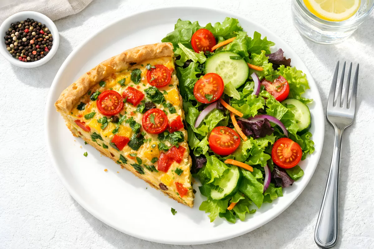 Quiche-Stück mit buntem Beilagensalat auf Teller