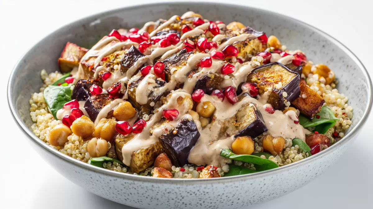 Quinoa Bowl mit gerösteter Aubergine und Tahini