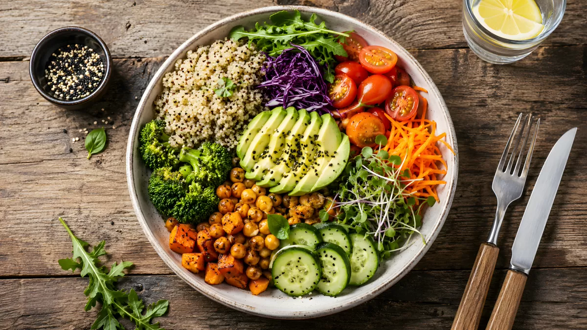 Quinoa Buddha Bowl mit Avocado und Farbe