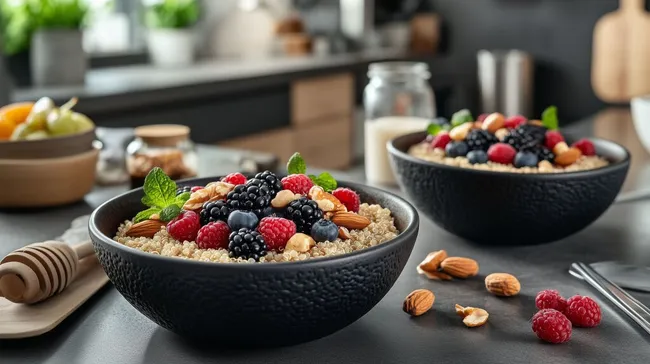 Quinoa-Frühstück mit Beeren und Mandeln in moderner Küche