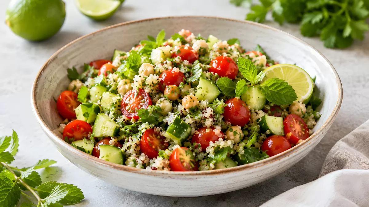 Quinoa-Salat mit Kirschtomaten, Gurke und Kichererbsen