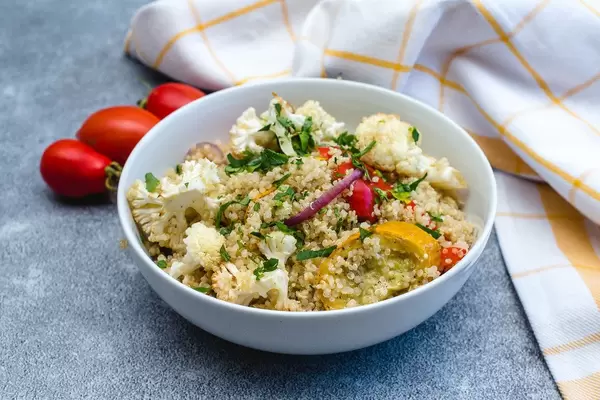 Quinoa with Roasted Vegetables in a White Bowl  (Flip 2019) (Flip 2019)