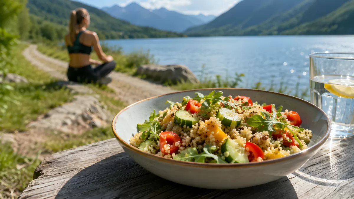 Quinoasalat am See mit meditierender Frau