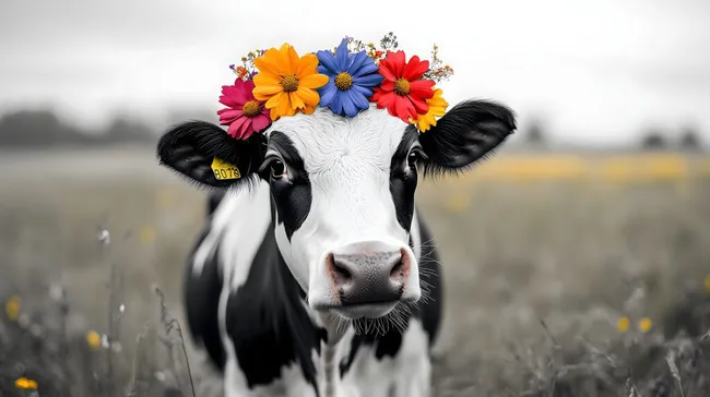 Quirlige Kuh mit bunter Blütenkrone auf Wiese