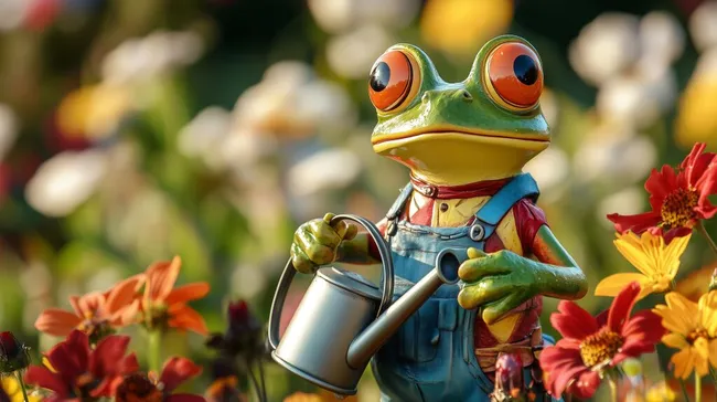 Quirliger Gartenfrosch gießt bunte Blumen