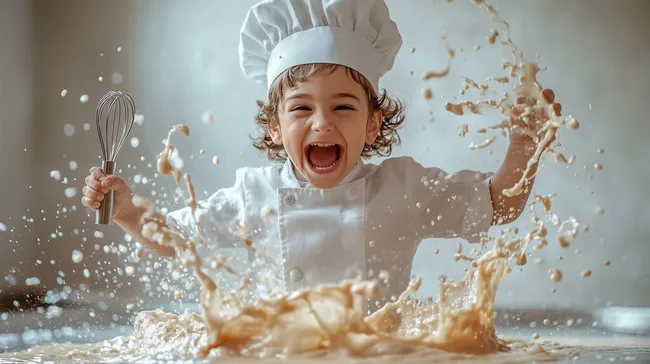 Quirliger Koch in weißer Uniform spritzt Teig