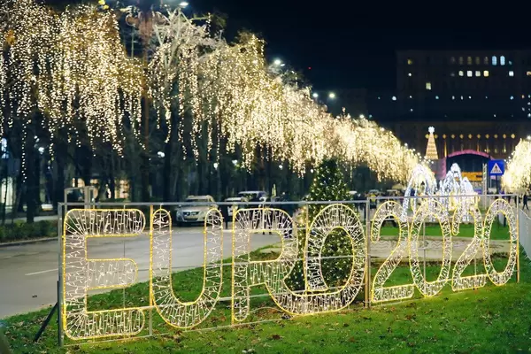 "Euro 2020" Beleuchtung in Bucharest, Rumänien: eine von der Städte, wo die EM2020 stattfinden wird