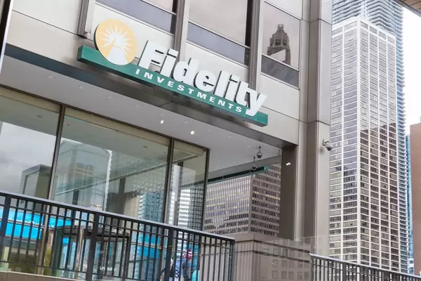 "Fidelity Investments" sign at the entrance of the investor center of the company located on the riverfront in Chicago