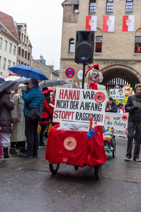 "Stop Racism" statement during carnival celebration in Cologne, Germany