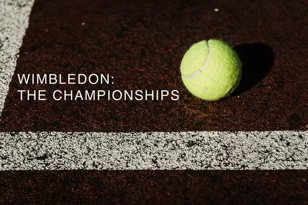 "Wimbledon: The Championships" - name of the oldest tennis tournament in the world, next to a yellow tennis ball on a tennis court