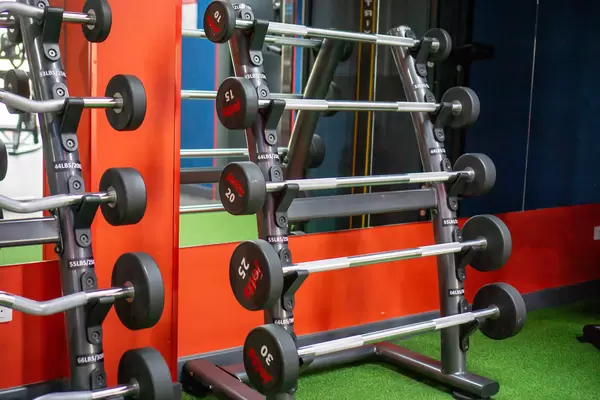 Racks for EZ Curl Barbells and Straight Barbells in different Weights in front of a Mirror in a new Gym