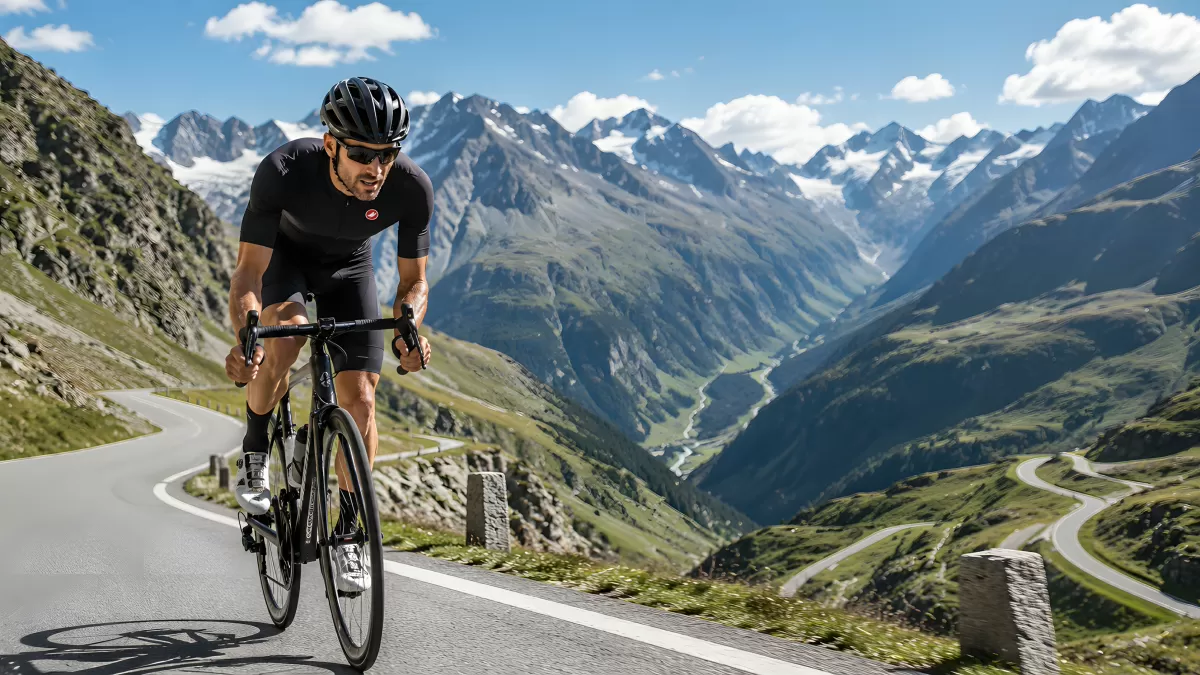 Radfahrer auf Alpenpass mit Bergpanorama