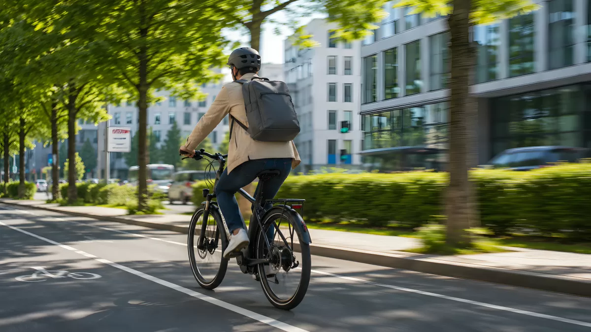Radfahrer auf Stadtradweg zwischen Bäumen