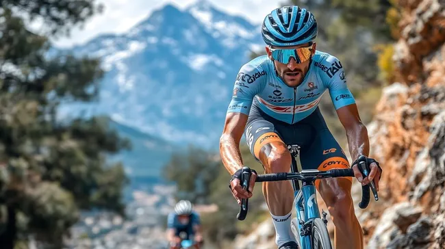 Radfahrer auf steilem Bergweg in alpiner Landschaft