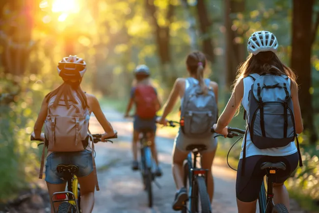 Radfahrer auf Waldweg bei Sonnenuntergang