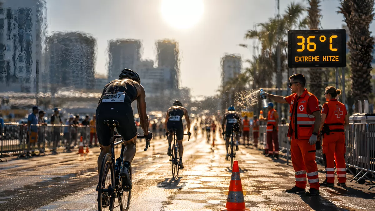 Radfahrer bei extremer Hitze auf Triathlon-Strecke