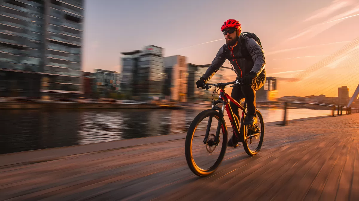 Radfahrer bei Sonnenuntergang in moderner Stadt