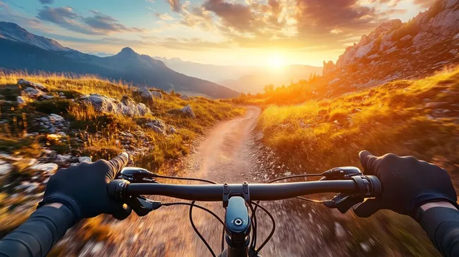 Radfahrer durchquert malerische Berglandschaft bei Sonnenuntergang