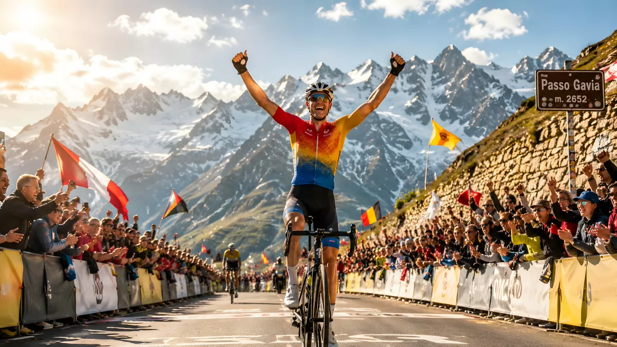 Radfahrer feiert Sieg am Passo Gavia in den Alpen