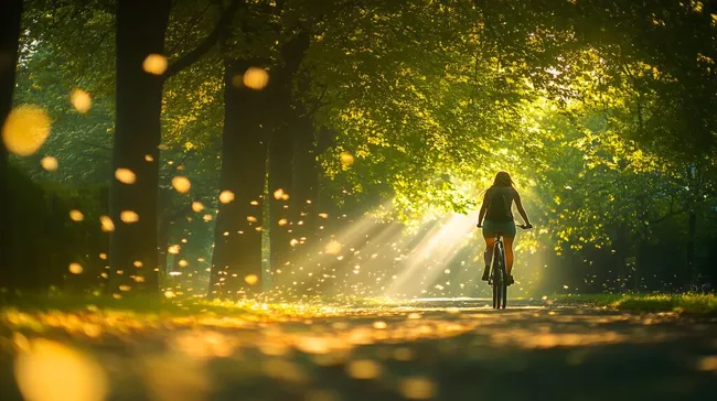 Radfahrer genießt Lichtspiele im Waldweg