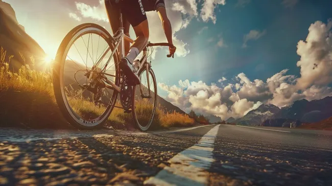 Radfahrer in den Bergen bei Sonnenuntergang