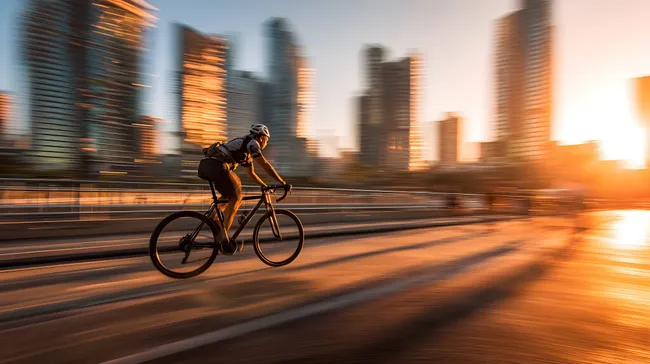 Radfahrer in der Skyline bei Sonnenuntergang