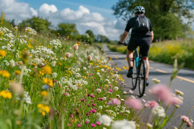 Radfahrer in einer Blumenwiese