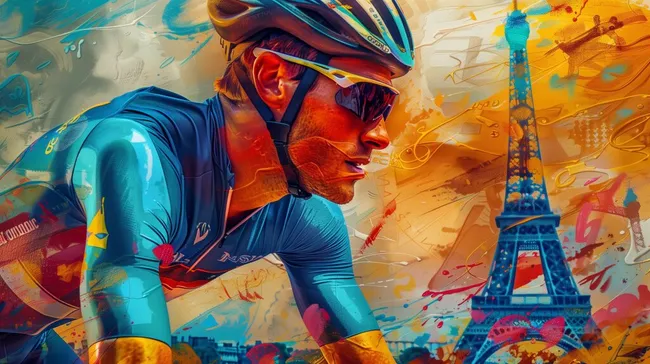 Radfahrer in Paris vor Eiffelturm in bunter Grafik