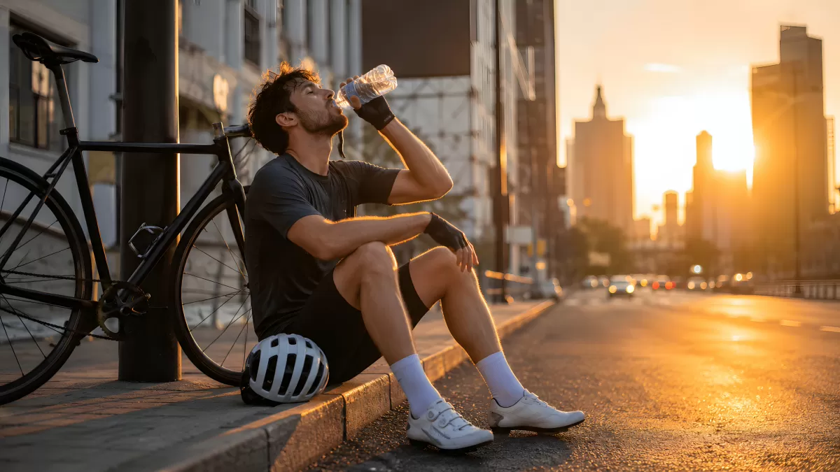 Radfahrer macht Pause und trinkt Wasser bei Sonnenuntergang