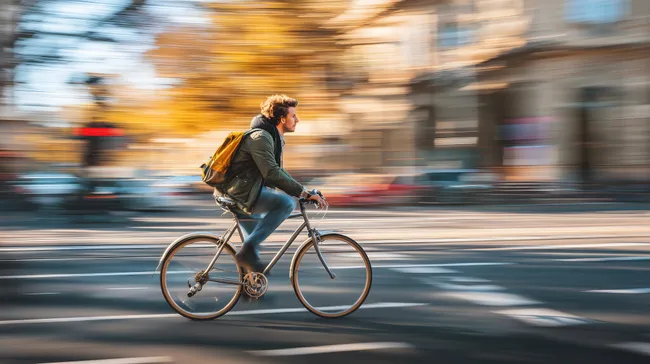 Radfahrer mit Rucksack fährt durch herbstliche Stadt