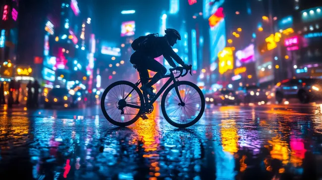 Radfahrer navigiert durch bunte Nachtszene mit Regenpfützen