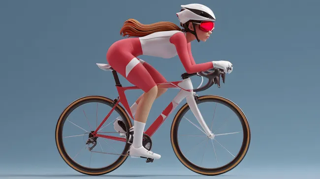 Radfahrerin in sportlichem Rennrad-Outfit in dynamischer Fahrt