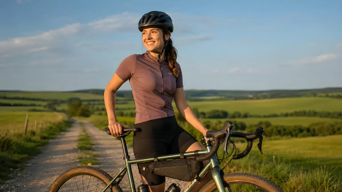 Radfahrerin pausiert auf Schotterweg in grüner Landschaft