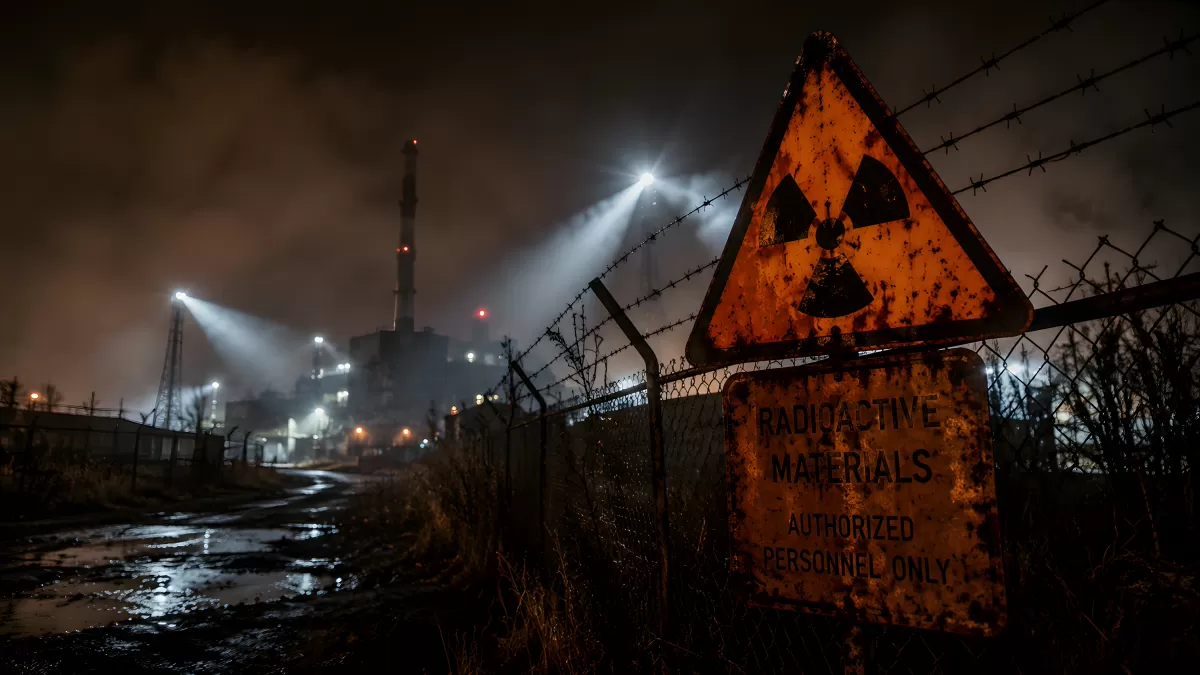 Radioaktives Sperrgebiet bei Nacht mit Warnschild