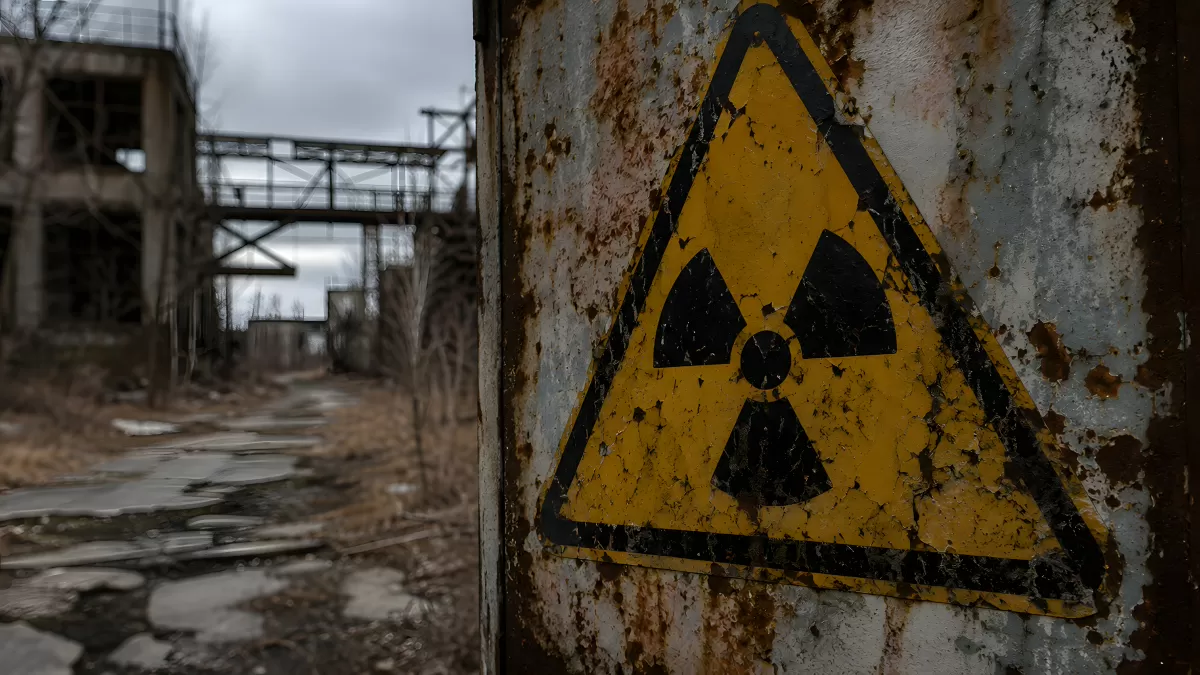 Radioaktivitätszeichen an verlassenem Industriegebäude