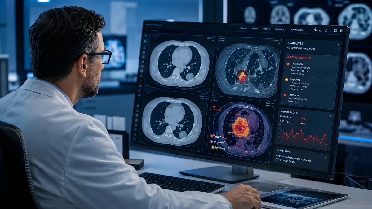 Radiologe analysiert KI-gestützte Lungenscans am Monitor