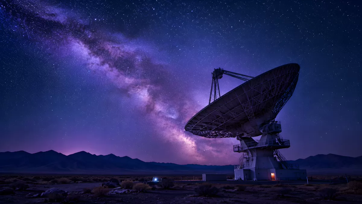 Radioteleskop unter dem Milchstraßenband bei Nacht