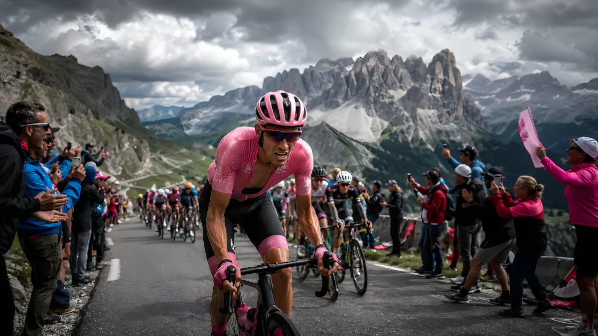 Radprofi im rosa Trikot kämpft sich durch die Alpen