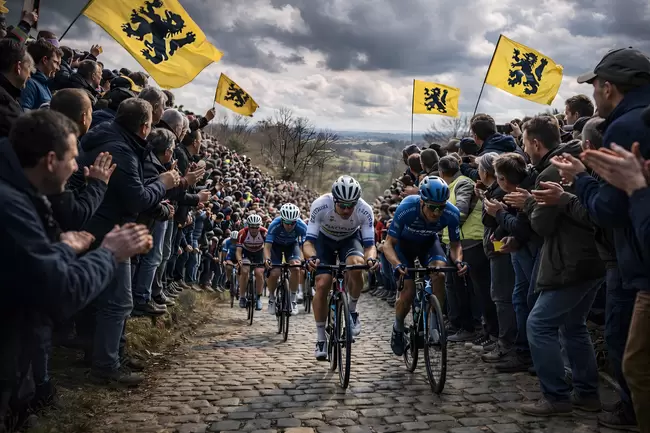 Radrennen auf Kopfsteinpflaster während Flandern-Rundfahrt