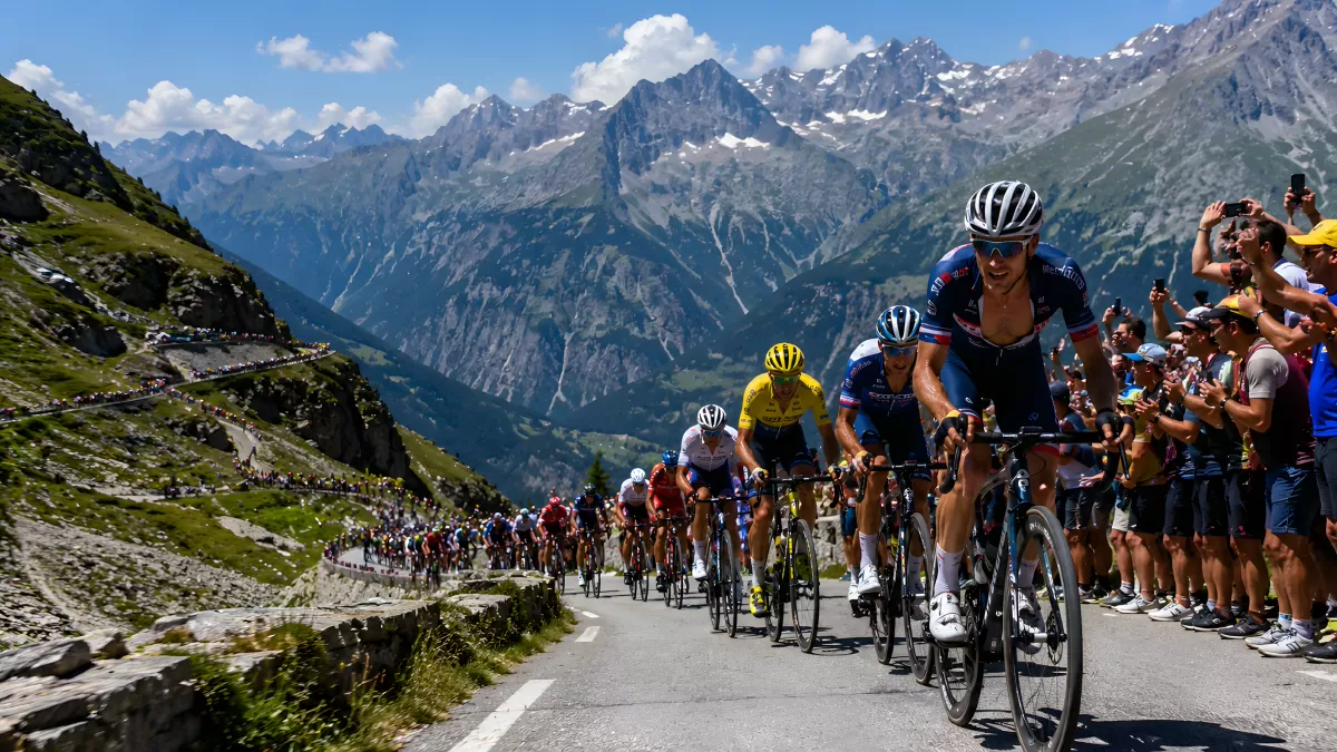 Radrennen in den Alpen mit jubelnden Zuschauern
