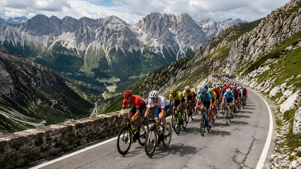 Radrennen-Peloton in den Dolomiten auf Bergstraße