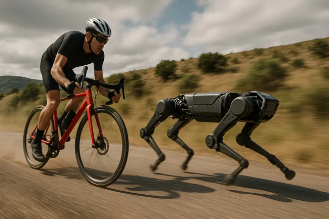 Radrennen zwischen Rennradfahrer und Roboterhund